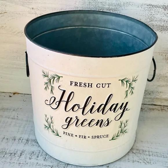 *Holiday Greens Distressed Metal Pails, Set of 2 - Picture 4 of 14